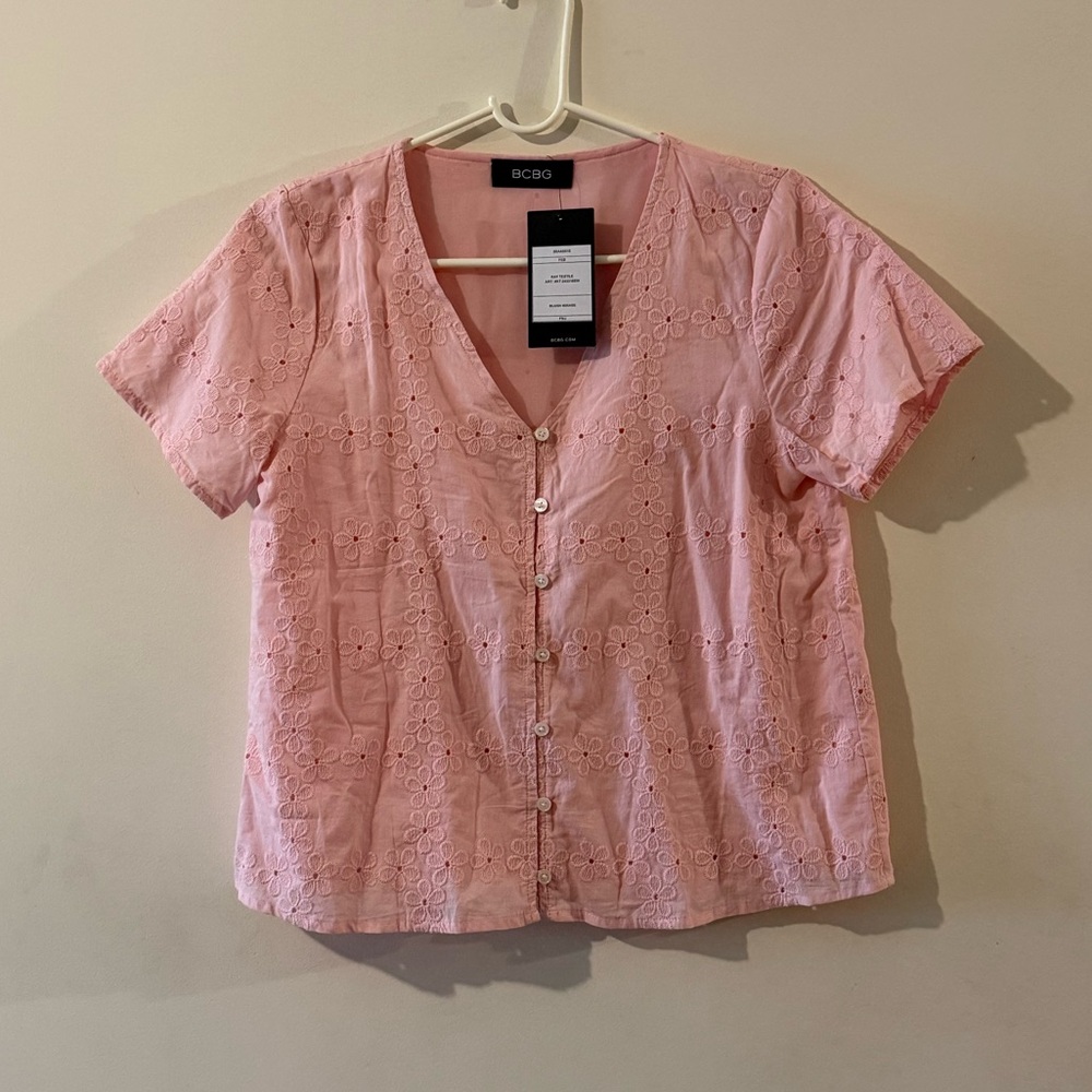 BCBG Pink Eyelet Short Sleeve Top